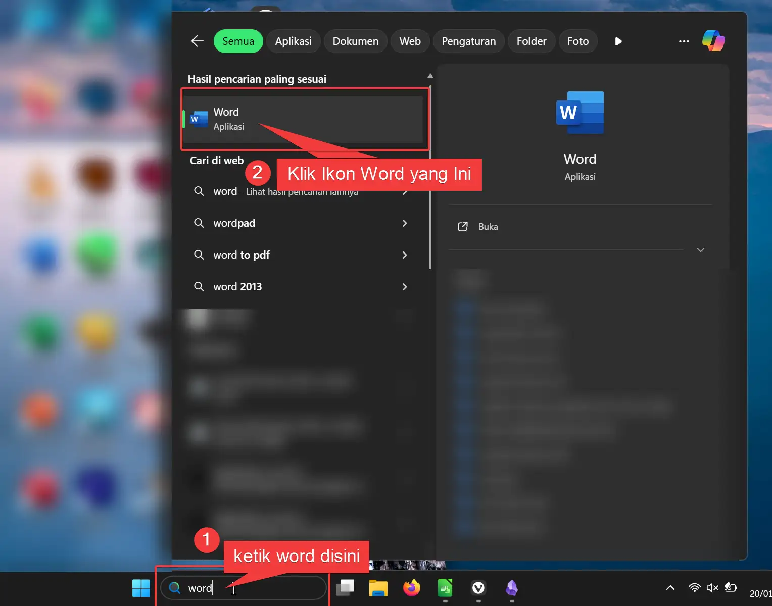 Mencari Word Lewat Menu Start