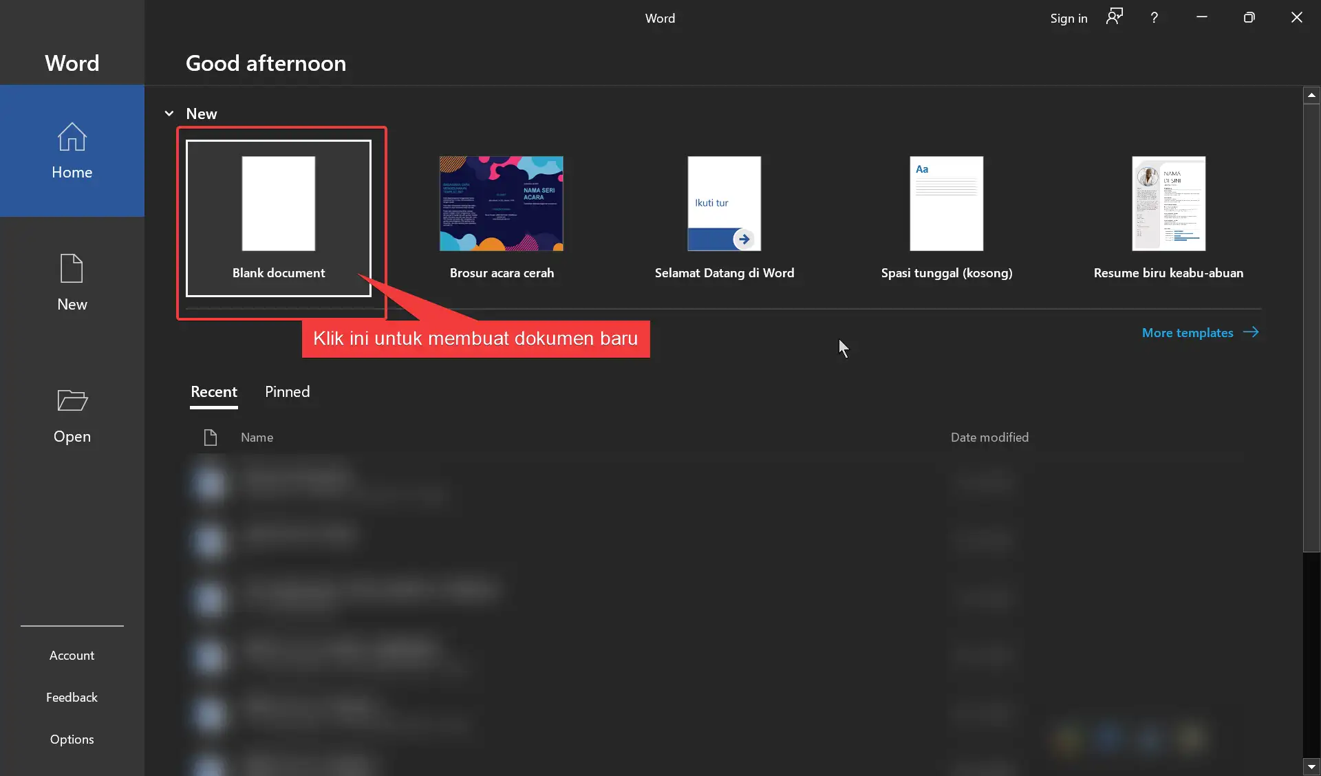Tampilan Awal Microsoft Word